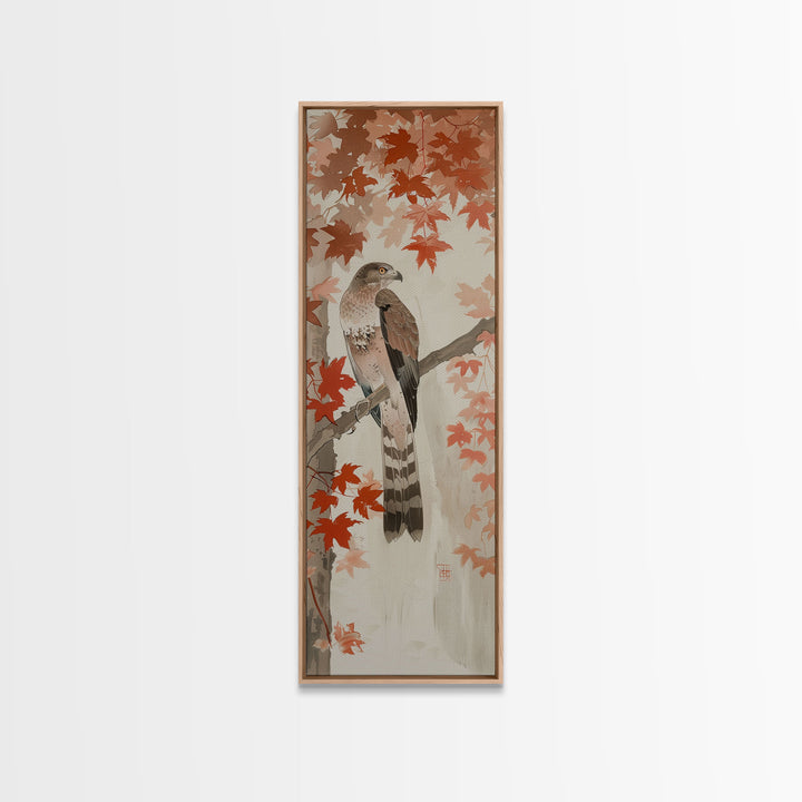 Majestic Hawk Perched Among Autumn Leaves, Framed Canvas Print In Skinny Tall Style, Japanese Style Art For Feng Shui Wall Art