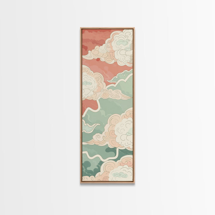 Traditional Japanese Cloud Design In Pastel Colors, Ukiyo-e Style Canvas, Framed Canvas Print, Tall Skinny Japanese Wall Art, Ready To Hang
