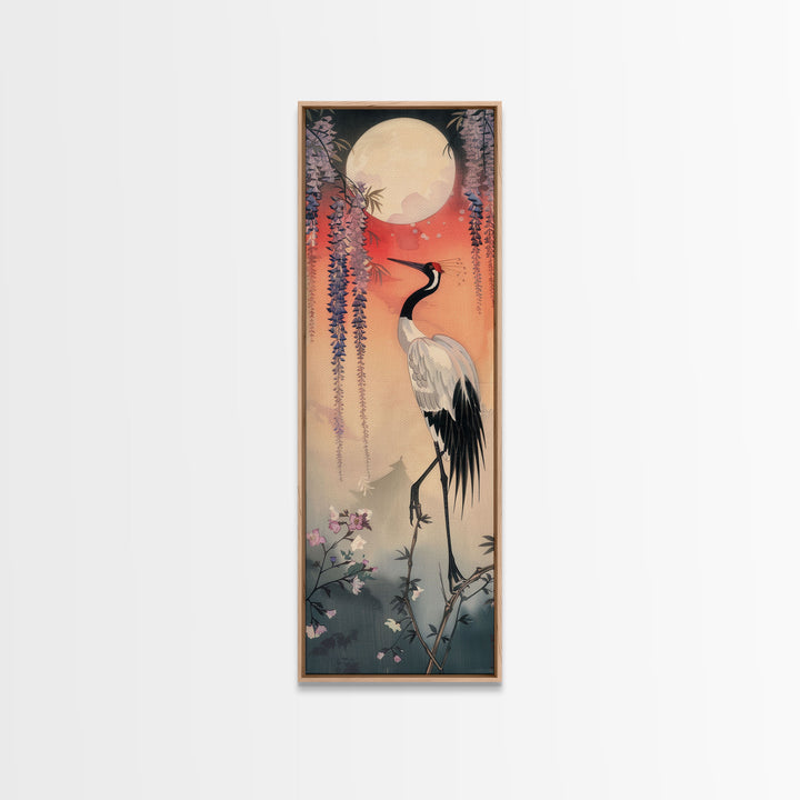 Japanese Crane With Moon And Wisteria - Skinny Art Tall Art Framed Canvas Print Japanese Style Art Ukiyo-e Art
