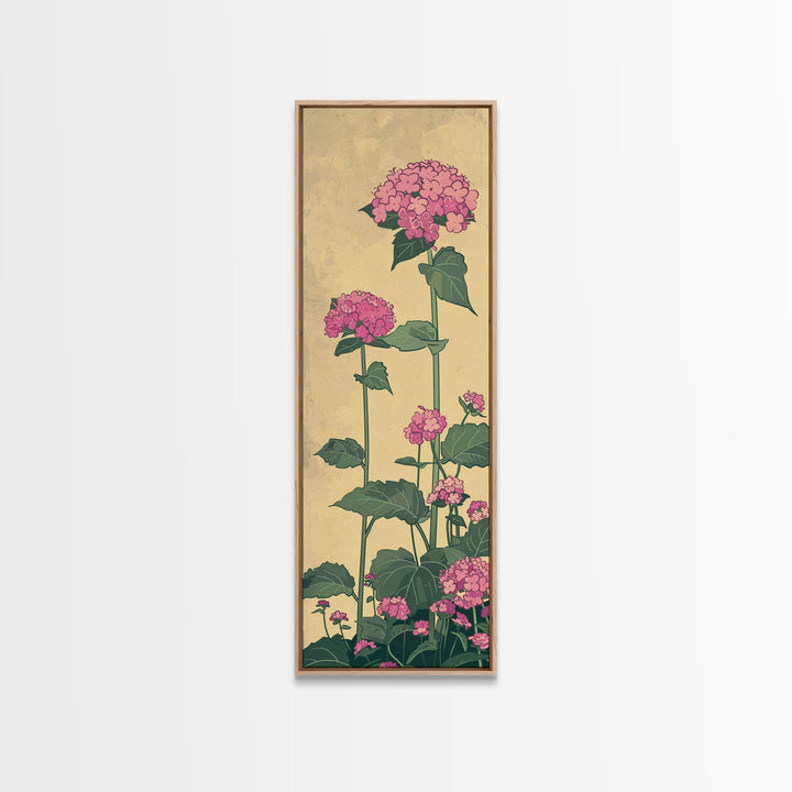 Pink Hydrangea Flowers In Bloom - Skinny Art Tall Art Framed Canvas Print Japanese Style Art Ukiyo-e Art