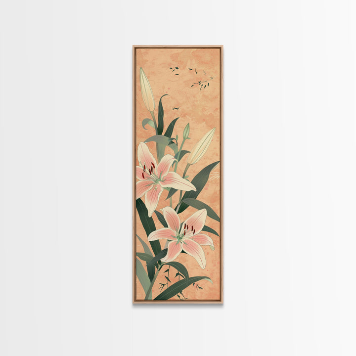 Delicate Lily Flowers Blooming In Japanese Style Ukiyo-e Art Framed Canvas Print Skinny Art Tall Art