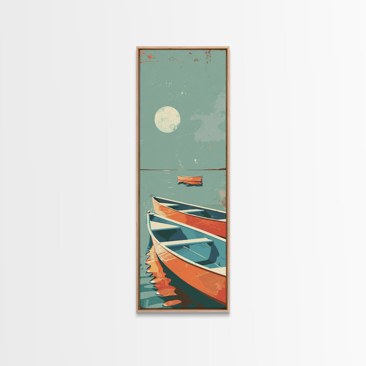 Moonlit Boats Drifting On Calm Waters In Japanese Style Ukiyo-e Art Framed Canvas Print Skinny Art Tall Art