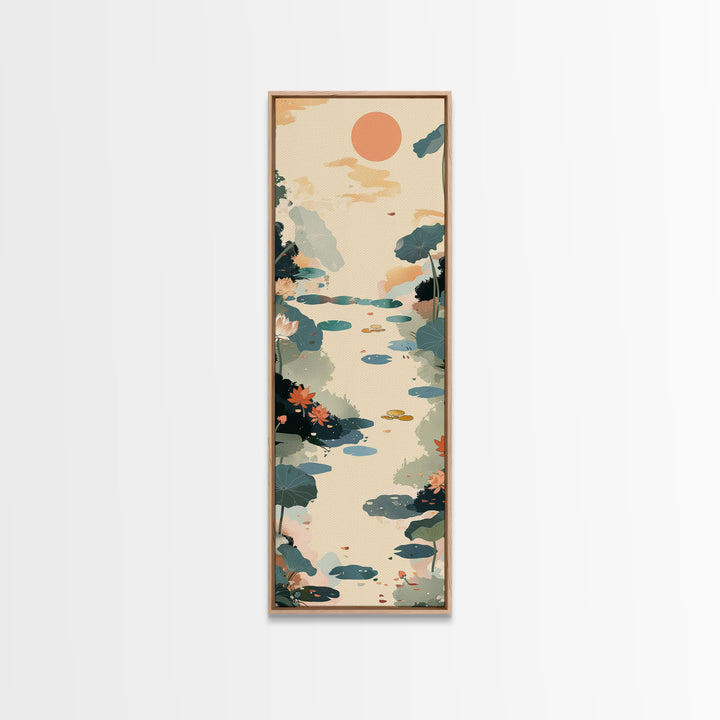 Tranquil Pond With Lotus Flowers And Leaves In Japanese Style Ukiyo-e Art Framed Canvas Print Skinny Art Tall Art