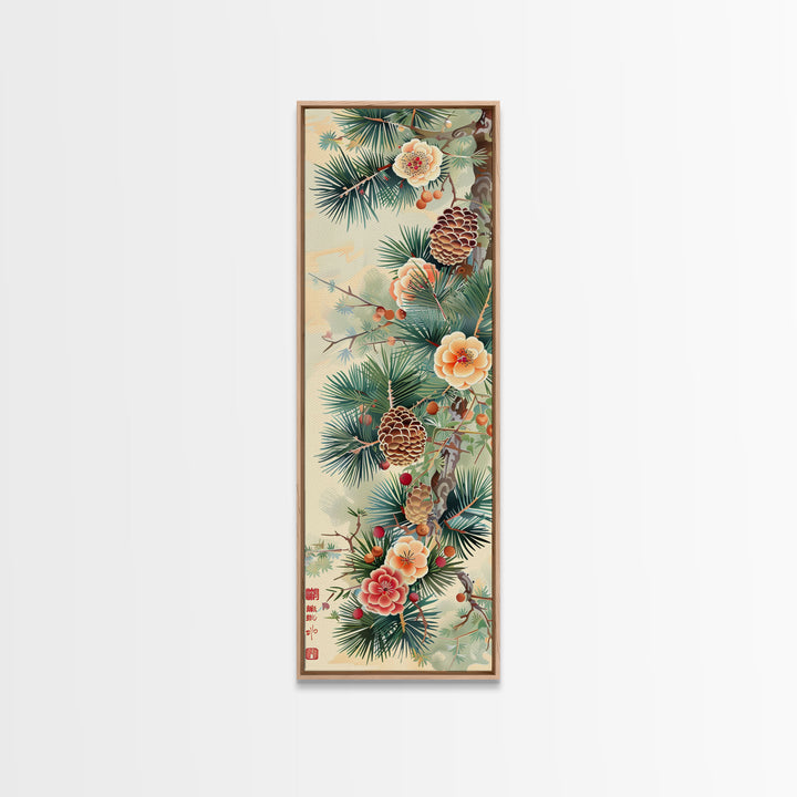 Pine Tree Branches With Blossoms And Pine Cones In Japanese Style Ukiyo-e Art Framed Canvas Print Skinny Art Tall Art