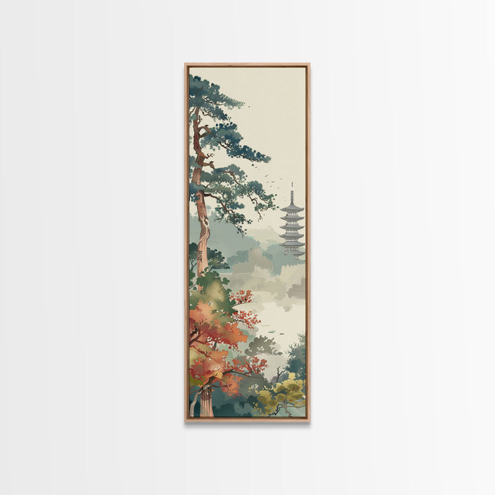 Pagoda And Pine Tree In Misty Landscape Skinny Art Wood Block Print Japanese Style Art Framed Canvas Print Tall Art Ukiyo-e Art