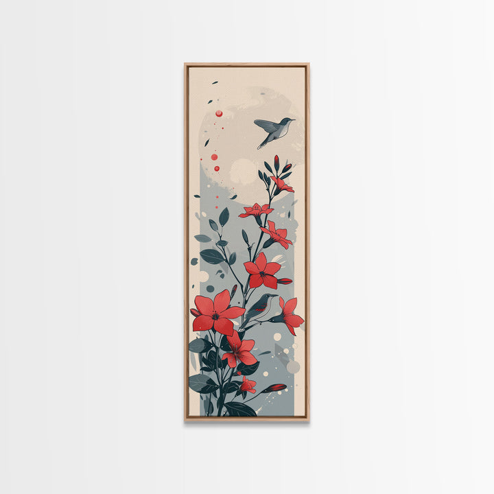 Hummingbird and Red Flowers Skinny Art Tall Art Japanese Ukiyo-e Inspired Nature Framed Canvas Print for Vibrant Interiors
