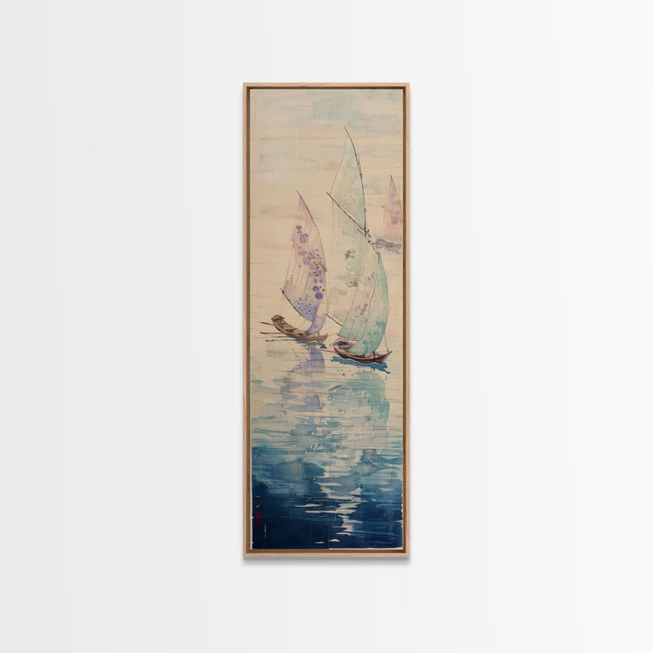 Sailboats On Calm Sea Canvas In Japanese Ukiyo-e Style, Traditional Woodblock Print, Framed Canvas Print, Tall Skinny Japanese Wall Art, Ready To Hang