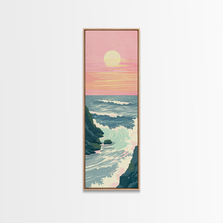 Tranquil Ocean Sunset with Soft Waves Crashing against Rocky Shoreline - Skinny Art, Japanese Wall Decor, Framed Canvas Print, Ukiyo-e Style