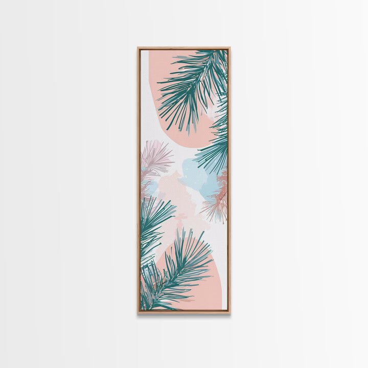 Elegant Pine Branches on Soft Pastel Background - Skinny Art, Japanese Wall Decor, Framed Canvas Print, Ukiyo-e Style