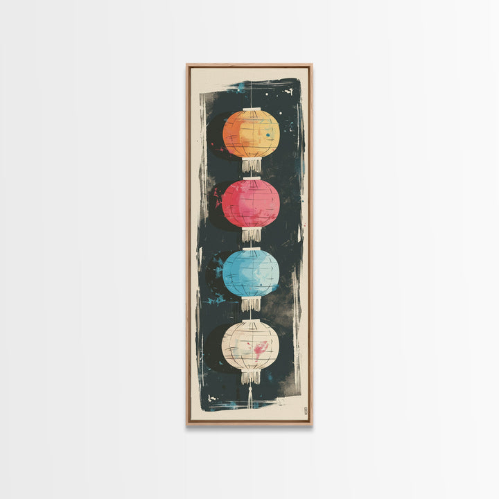 Colorful Lanterns Hanging in a Vertical Row with Abstract Background - Skinny Art, Japanese Wall Decor, Framed Canvas Print, Ukiyo-e Style