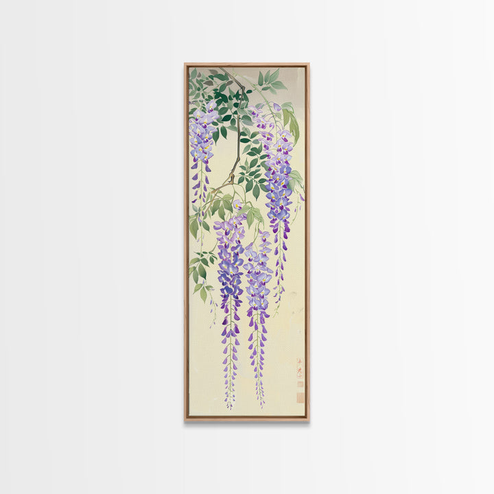 Cascading Wisteria Blossoms in Shades of Purple and Green - Skinny Art, Japanese Wall Decor, Framed Canvas Print, Ukiyo-e Style