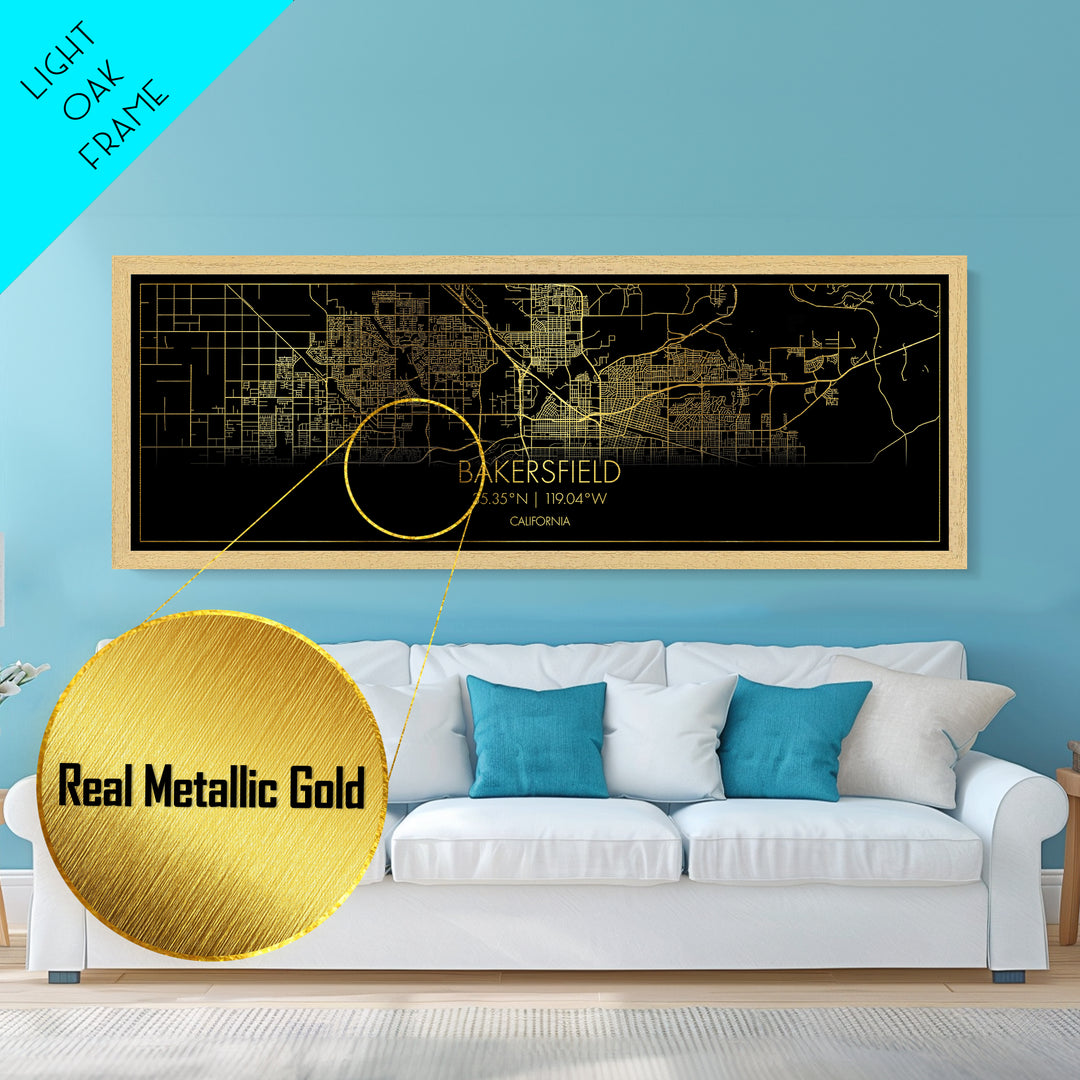 Bakersfield California City street map, Panoramic art, black and gold, Metallic Gold Print, Metal Art, real wood frames, Best Friend Gifts