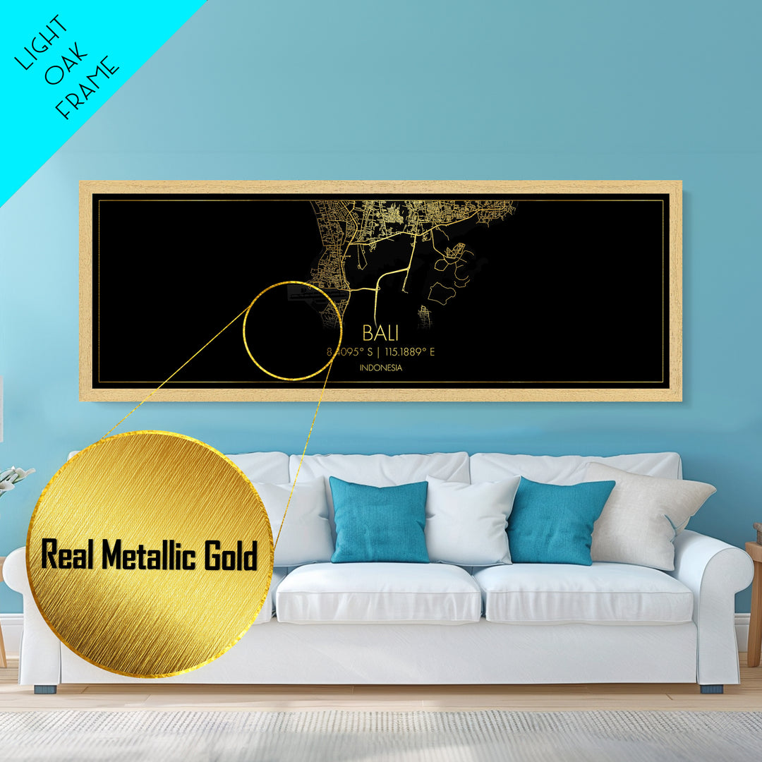 Bali Indonesia City Poster, Panoramic street map, black and gold, Metallic Gold Art, Metal Art, wood framed map, Gold Street Map Art