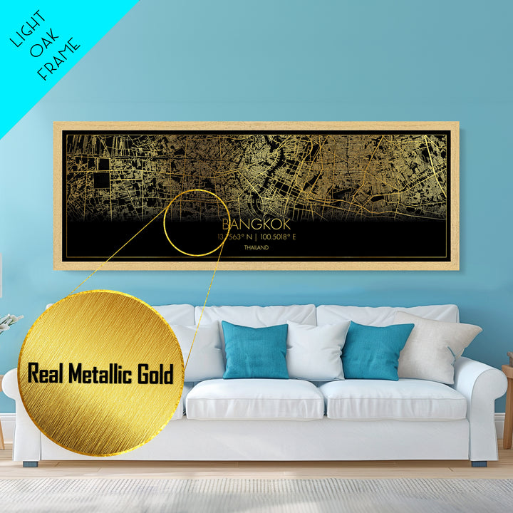 Bangkok Thailand City Poster, Panoramic street map, black and gold, Metallic Gold Art, Metal Art, wood framed map, Metallic Gold Foil  Art