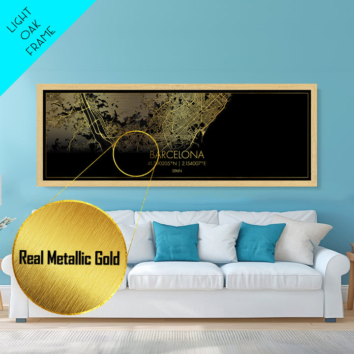 Barcelona Spain City street map, Panoramic art, black and gold, Metallic Gold Print, Metal Art, real wood frames, Modern Wall Art