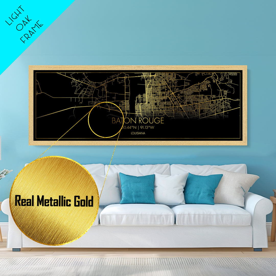Baton Rouge Louisiana City Poster, Panoramic street map, black and gold, Metallic Gold Art, Metal Art, wood framed map, Minimalist Wall Art