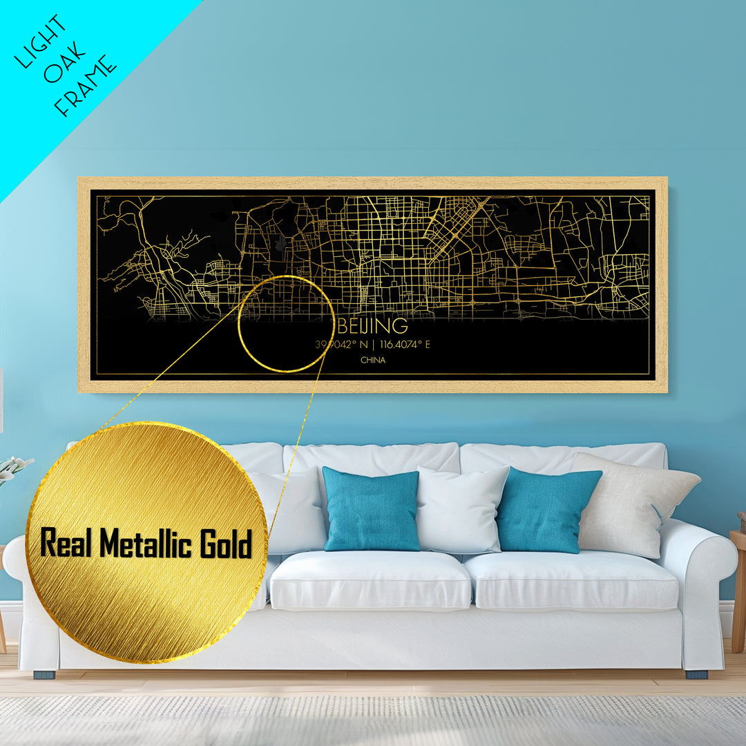 Beijing China map, Panoramic art, black and gold, Metallic Gold Print, Metal Art, real wood frames, College Dorm Décor, Best Friend Gifts