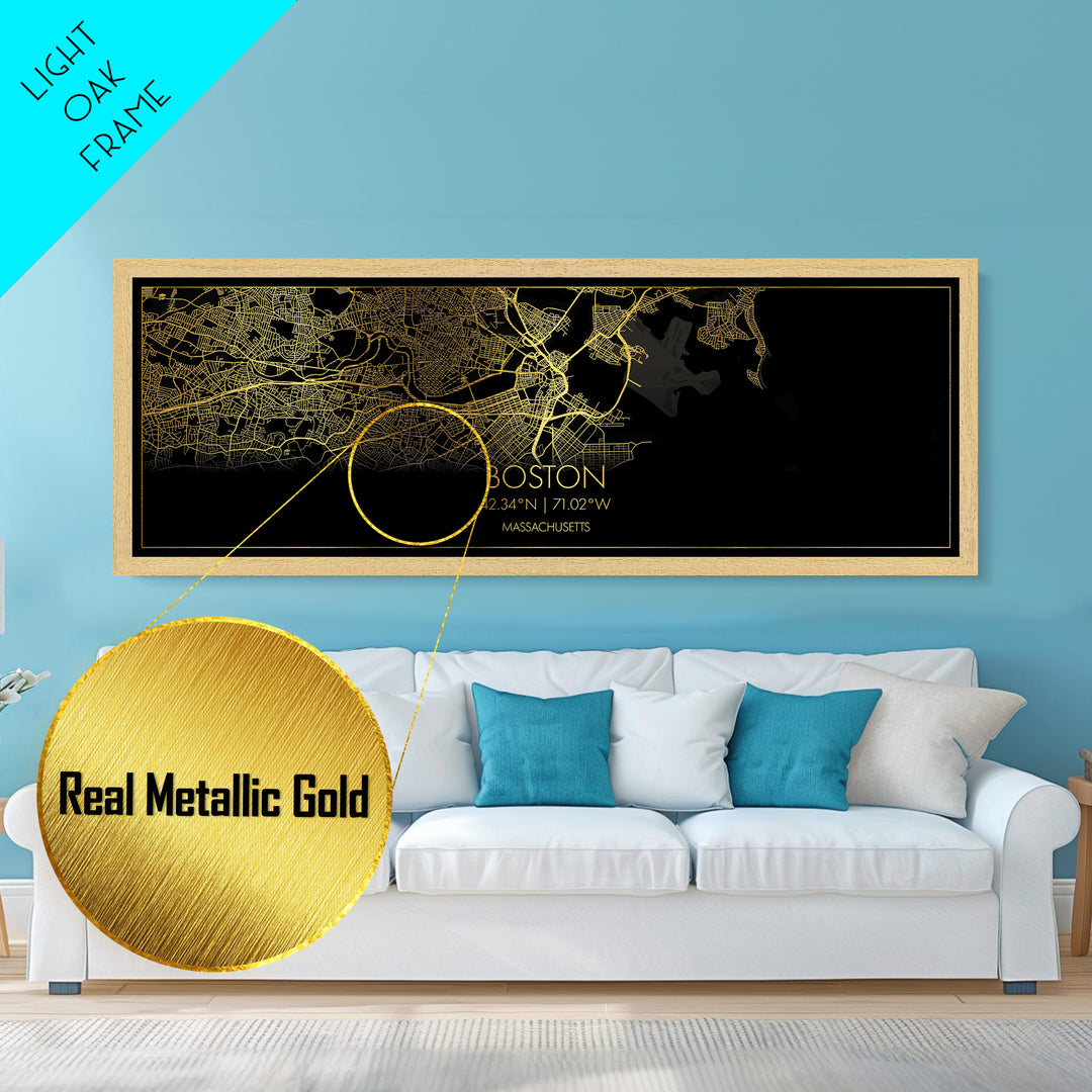 Boston Massachusetts map, Panoramic art, black and gold, Metallic Gold Print, Metal Art, real wood frames, Wall Art, Housewarming Gift