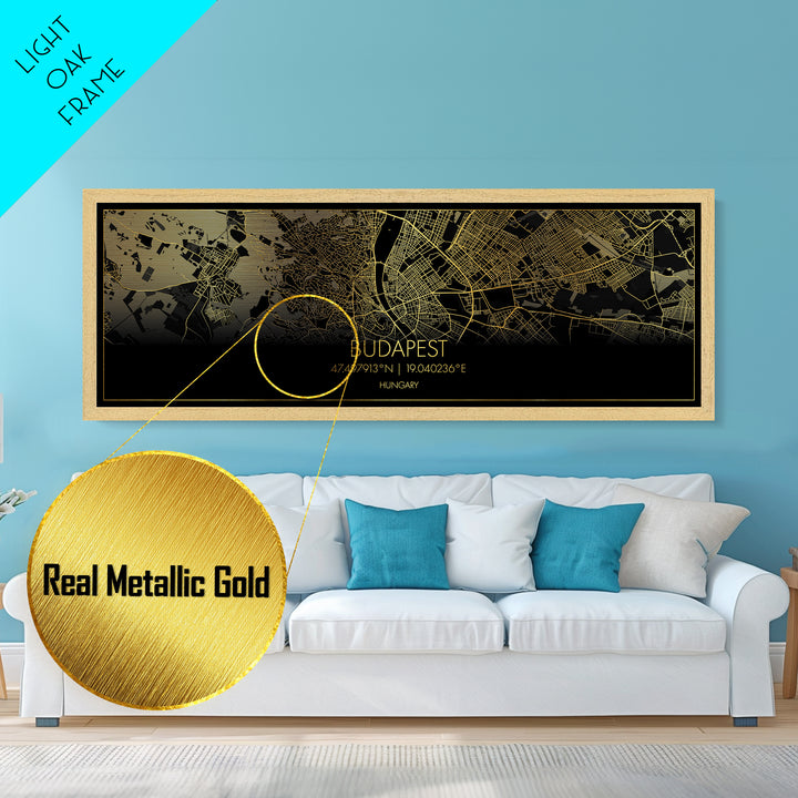 Budapest Hungary City street map, Panoramic art, black and gold, Metallic Gold Print, Metal Art, real wood frames, Minimalist Wall Art