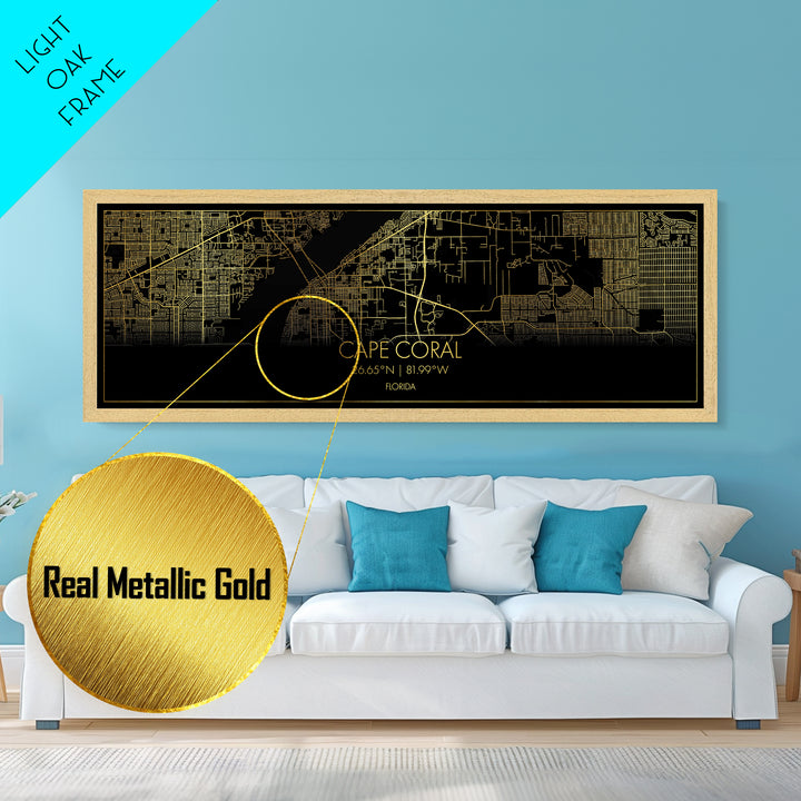 Cape Coral Florida City street map, Panoramic art, black and gold, Metallic Gold Print, Metal Art, real wood frames, Housewarming Gift