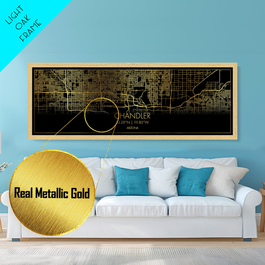 Chandler Arizona City Poster, Panoramic street map, black and gold, Metallic Gold Art, Metal Art, wood framed map, Best Friend Gifts