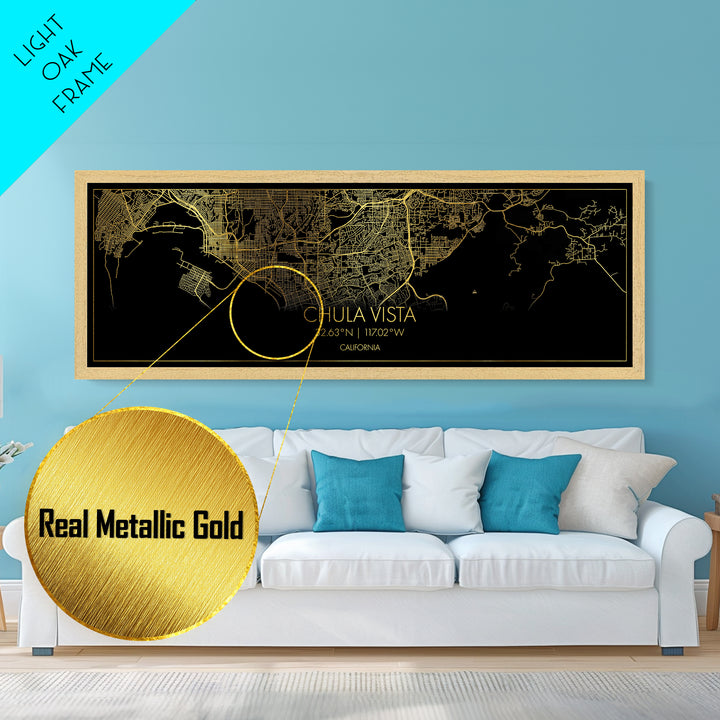 Chula Vista California City street map, Panoramic art, black and gold, Metallic Gold Print, Metal Art, real wood frames, Wall Art, Closing Gift