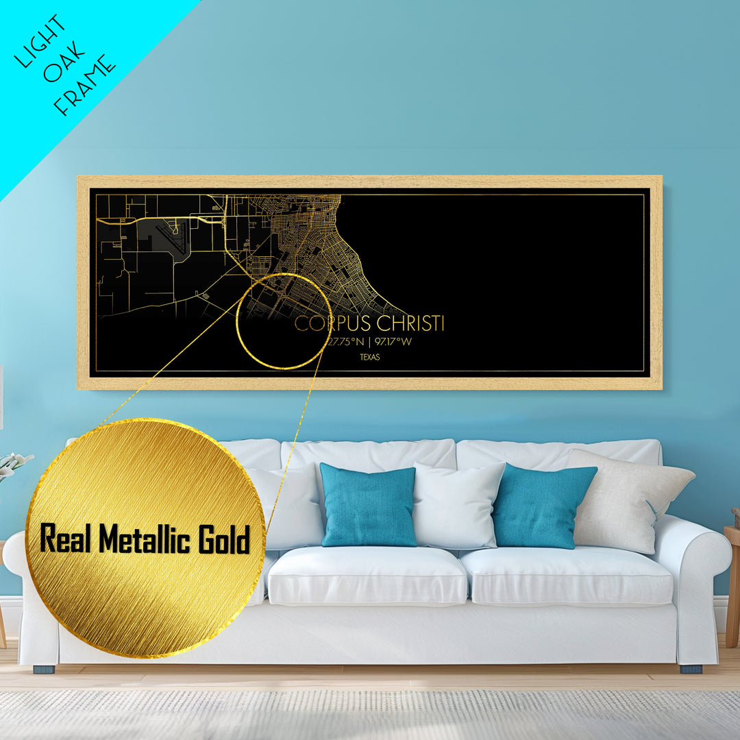 Corpus Christi Texas City street map, Panoramic art, black and gold, Metallic Gold Print, Metal Art, real wood frames, Best Friend Gifts