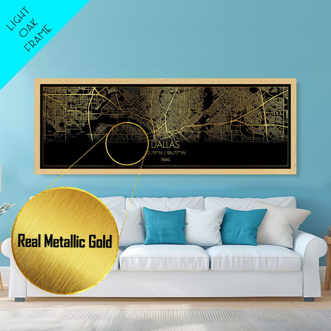 Dallas Texas City Poster, Panoramic street map, black and gold, Metallic Gold Art, Metal Art, wood framed map, City Map Print Poster
