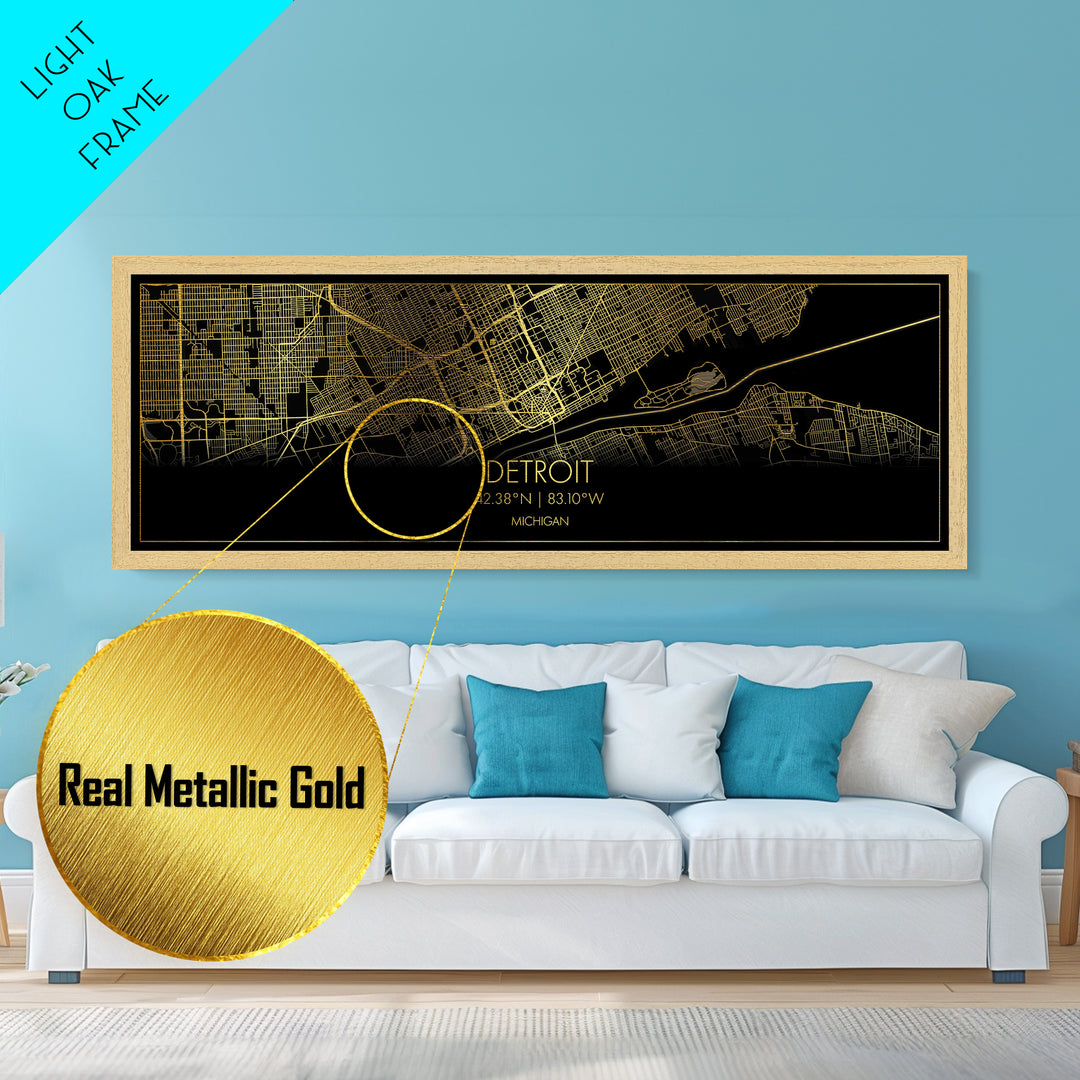 Detroit Michigan City street map, Panoramic art, black and gold, Metallic Gold Print, Metal Art, real wood frames, Minimalist Wall Art