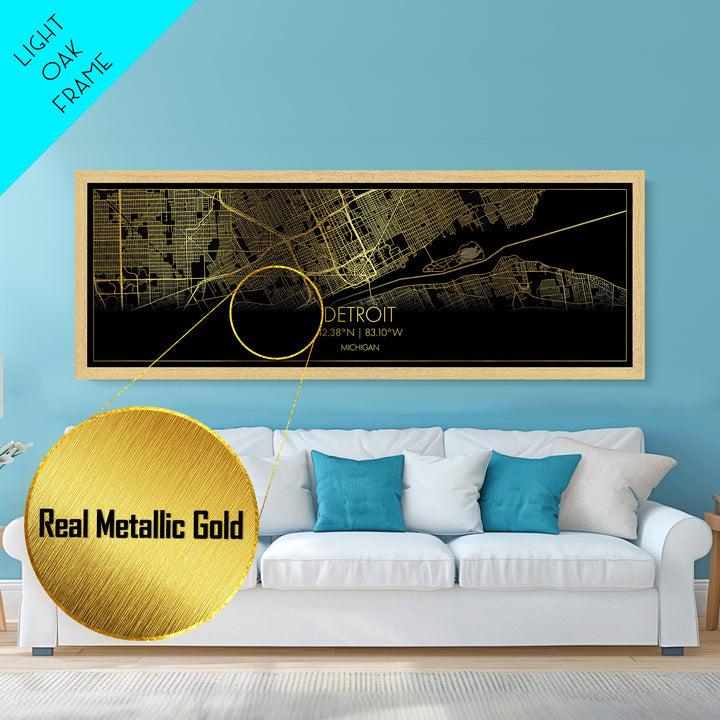 Detroit Michigan City street map, Panoramic art, black and gold, Metallic Gold Print, Metal Art, real wood frames, Minimalist Wall Art