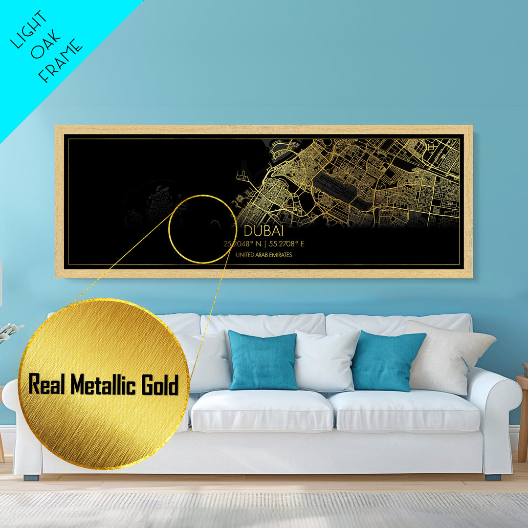 Dubai United Arab Emirates City Poster, Panoramic street map, black and gold, Metallic Gold Art, Metal Art, wood framed map, Modern Wall Art