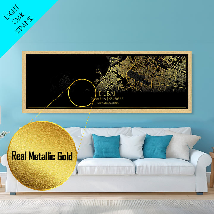 Dubai United Arab Emirates City Poster, Panoramic street map, black and gold, Metallic Gold Art, Metal Art, wood framed map, Modern Wall Art