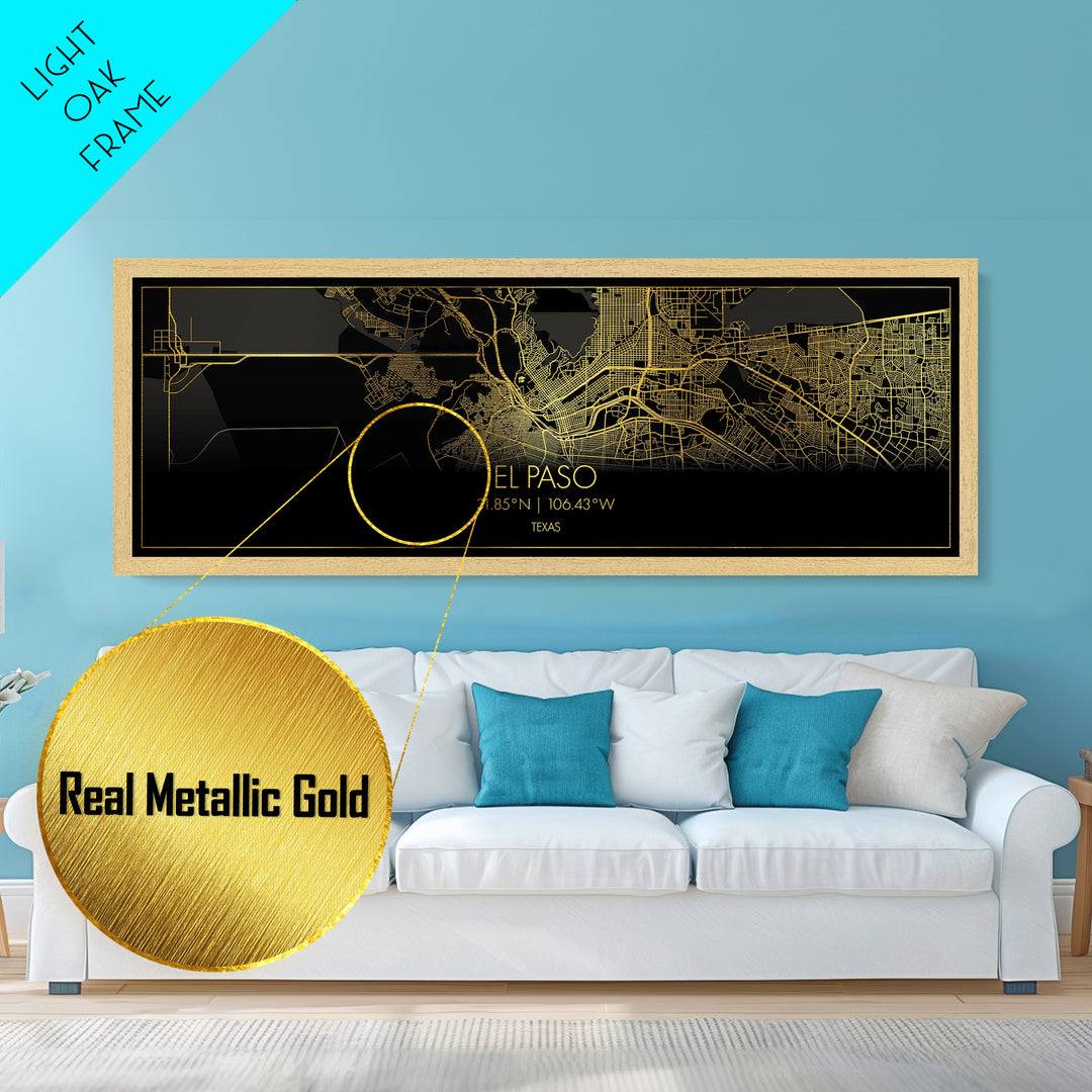 El Paso Texas City street map, Panoramic art, black and gold, Metallic Gold Print, Metal Art, real wood frames, Wall Art, City Map Print Poster