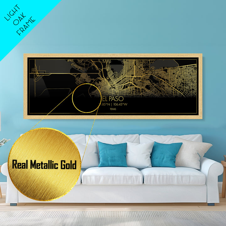 El Paso Texas City street map, Panoramic art, black and gold, Metallic Gold Print, Metal Art, real wood frames, Wall Art, City Map Print Poster