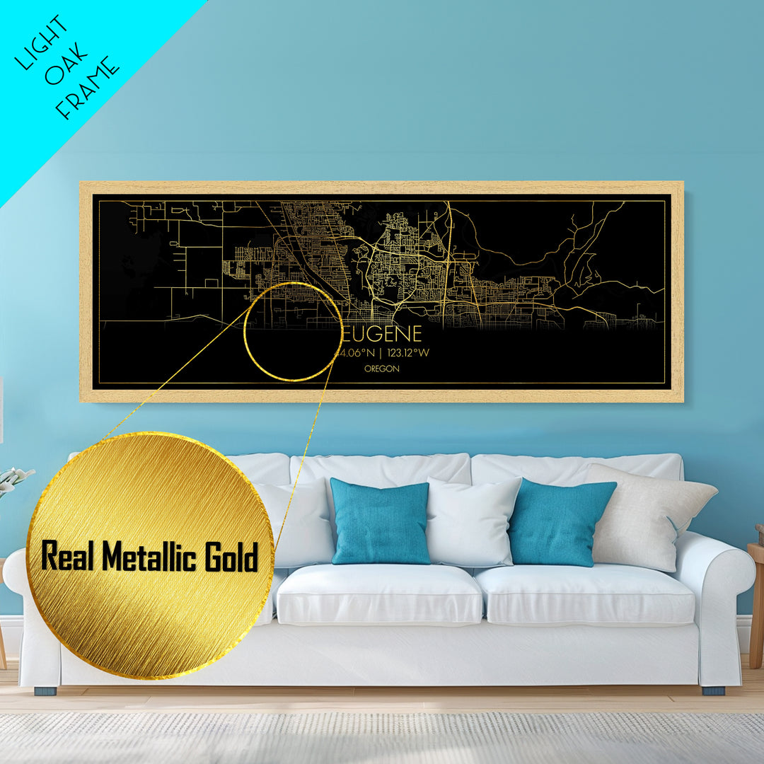 Eugene Oregon City Poster, Panoramic street map, black and gold, Metallic Gold Art, Metal Art, wood framed map, Minimalist Wall Art