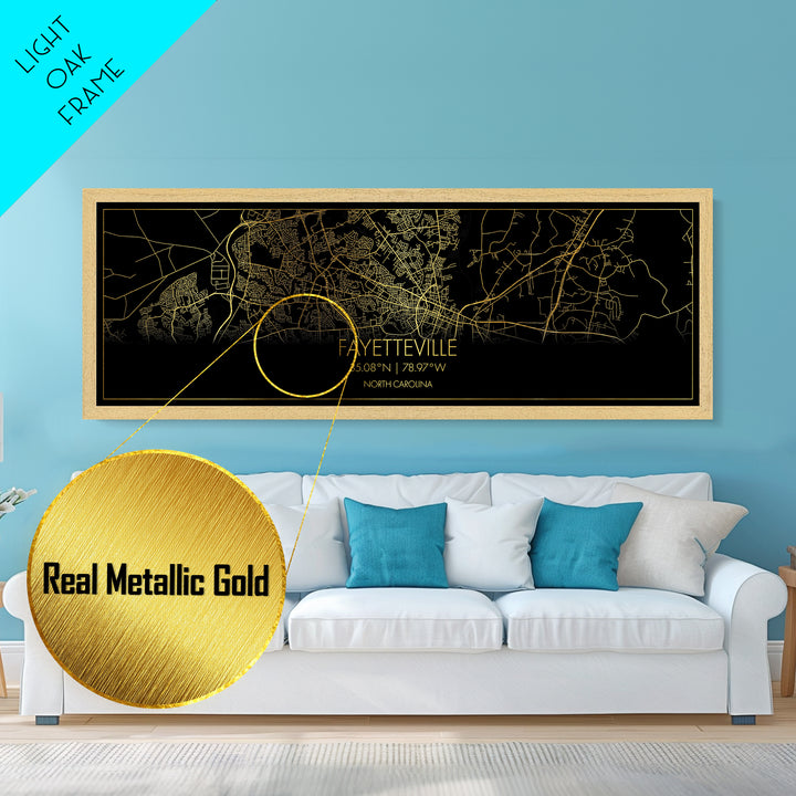 Fayetteville North Carolina City street map, Panoramic art, black and gold, Metallic Gold Print, Metal Art, real wood frames, Street Map Art