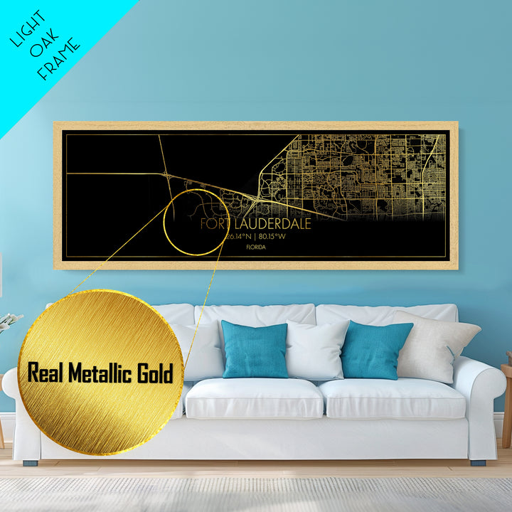 Fort Lauderdale Florida City street map, Panoramic art, black and gold, Metallic Gold Print, Metal Art, real wood frames, Modern Wall Art