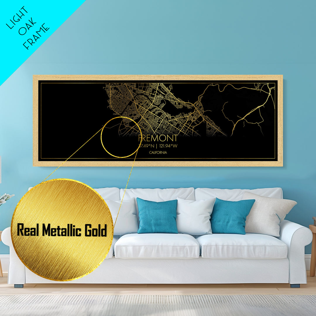 Fremont California City Poster, Panoramic street map, black and gold, Metallic Gold Art, Metal Art, wood framed map, Modern House Art