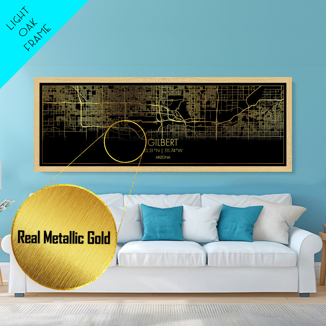 Gilbert Arizona map, Panoramic art, black and gold, Metallic Gold Print, Metal Art, real wood frames, Street Map Art, Best Friend Gifts