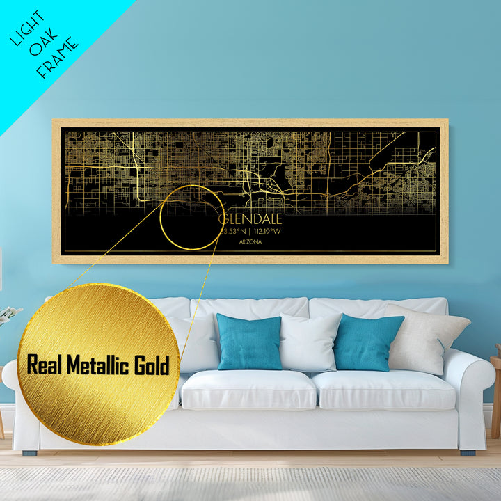 Glendale Arizona City Poster, Panoramic street map, black and gold, Metallic Gold Art, Metal Art, wood framed map, College Dorm Décor