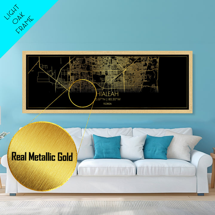 Hialeah Florida City street map, Panoramic art, black and gold, Metallic Gold Print, Metal Art, real wood frames, Modern House Art