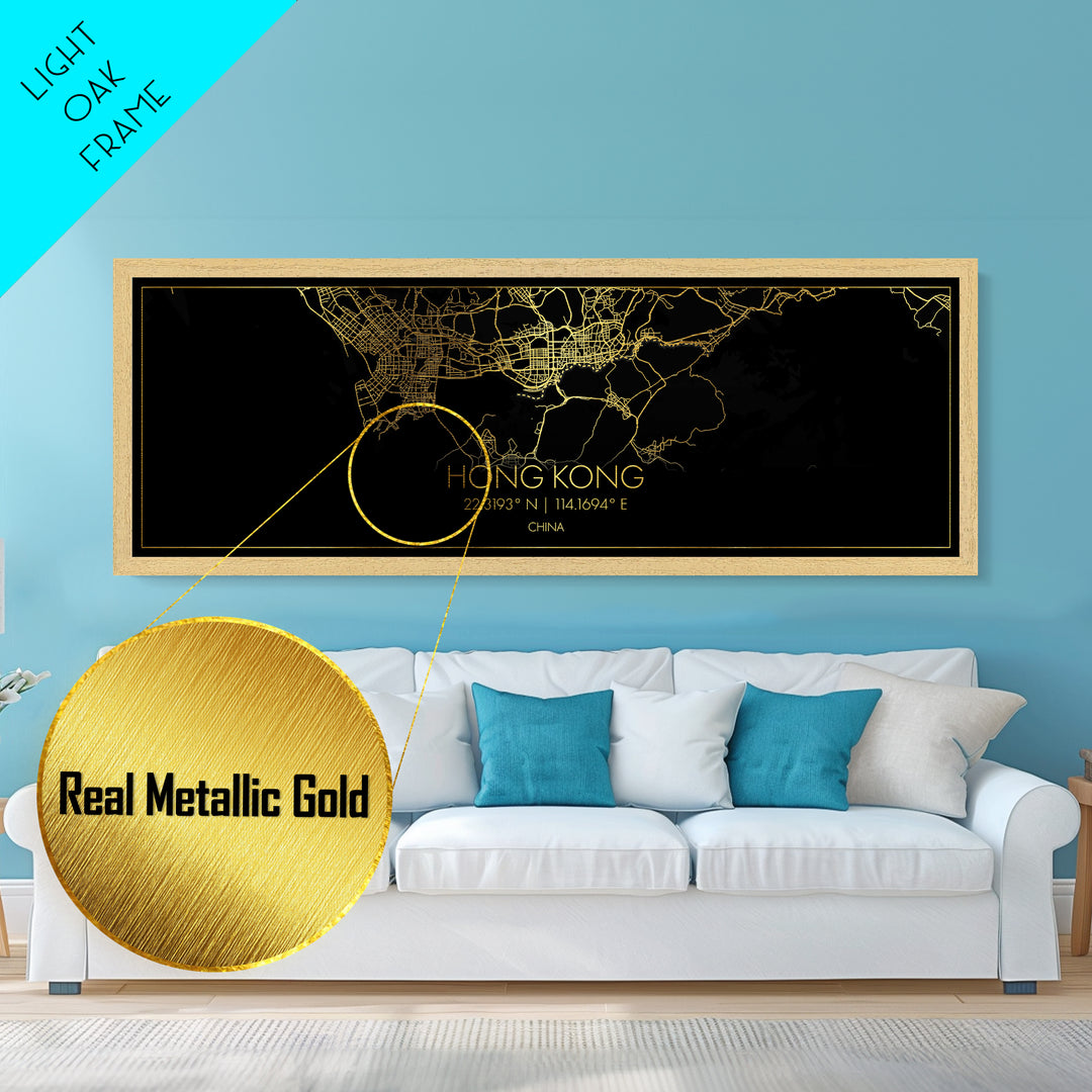Hong Kong China City Poster, Panoramic street map, black and gold, Metallic Gold Art, Metal Art, wood framed map, Minimalist Wall Art