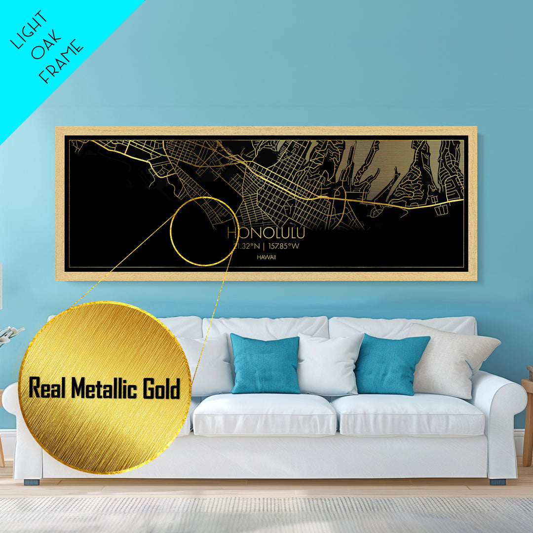 Honolulu Hawaii City street map, Panoramic art, black and gold, Metallic Gold Print, Metal Art, real wood frames, City Map Print Poster
