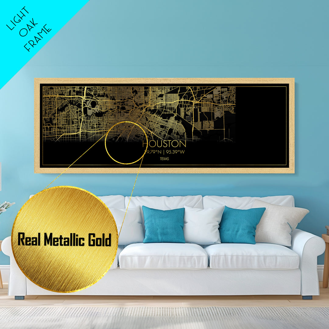 Houston Texas City Poster, Panoramic street map, black and gold, Metallic Gold Art, Metal Art, wood framed map, Housewarming Gift