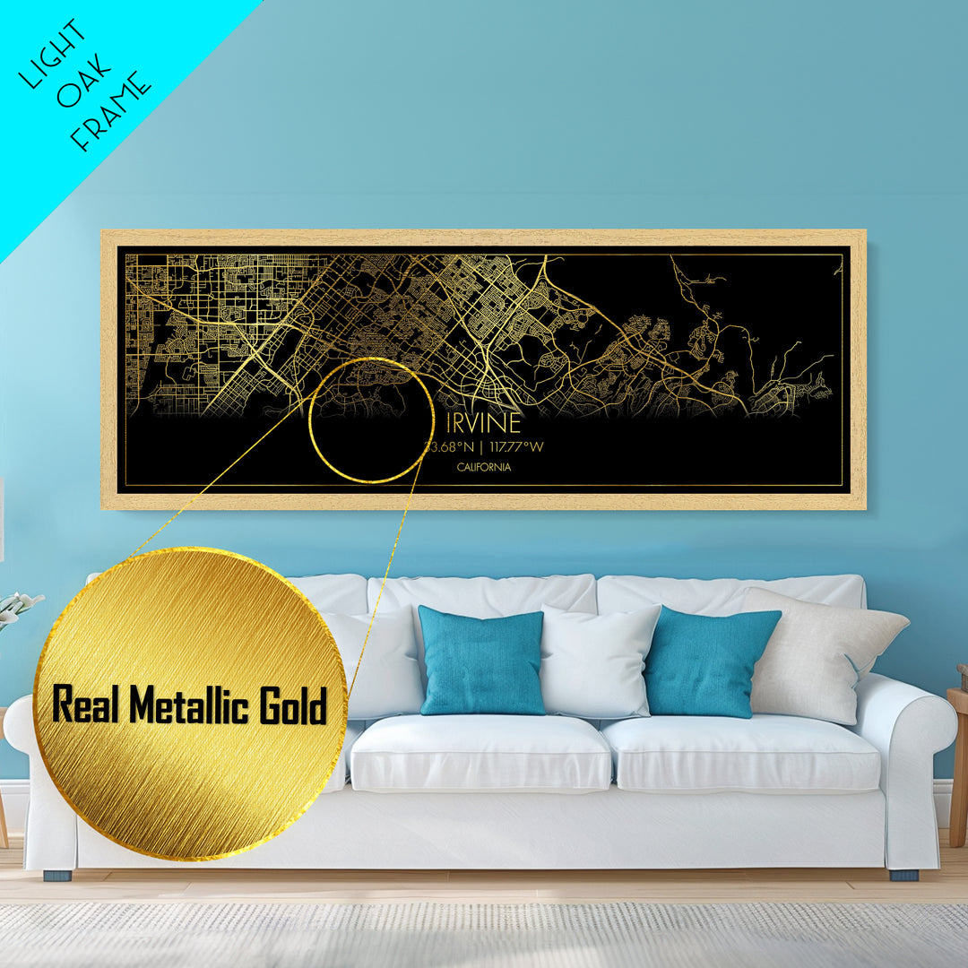 Irvine California Poster, Panoramic street map, black and gold, Metallic Gold Art, Metal Art, wood framed map, Wall Art, Housewarming Gift