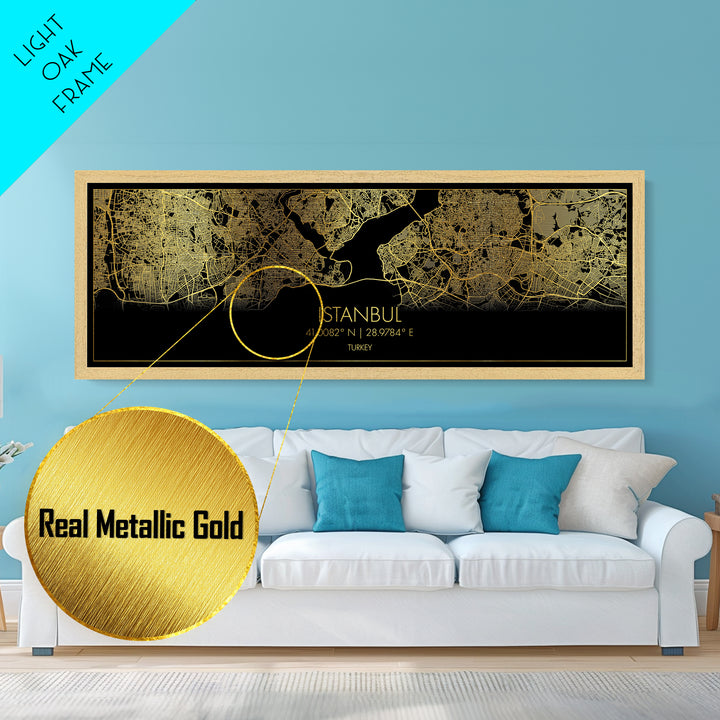 Istanbul Turkey map, Panoramic art, black and gold, Metallic Gold Print, Metal Art, real wood frames, Street Map Art, Best Friend Gifts