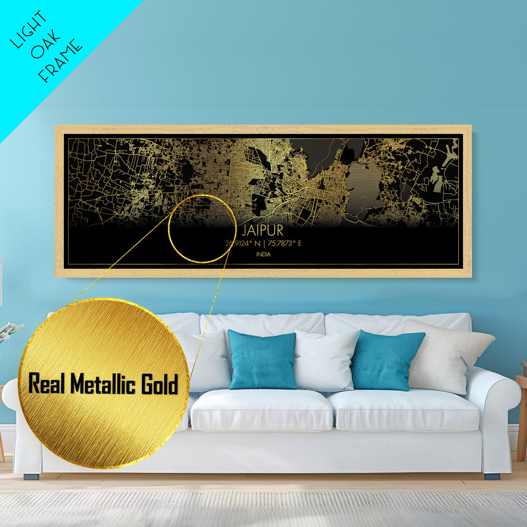 Jaipur India City Poster, Panoramic street map, black and gold, Metallic Gold Art, Metal Art, wood framed map, Street Map Art