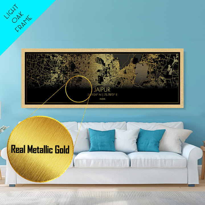 Jaipur India City Poster, Panoramic street map, black and gold, Metallic Gold Art, Metal Art, wood framed map, Street Map Art