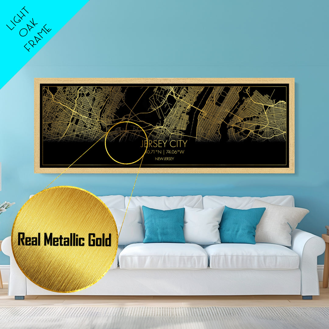 Jersey City New Jersey City street map, Panoramic art, black and gold, Metallic Gold Print, Metal Art, real wood frames, Minimalist Wall Art