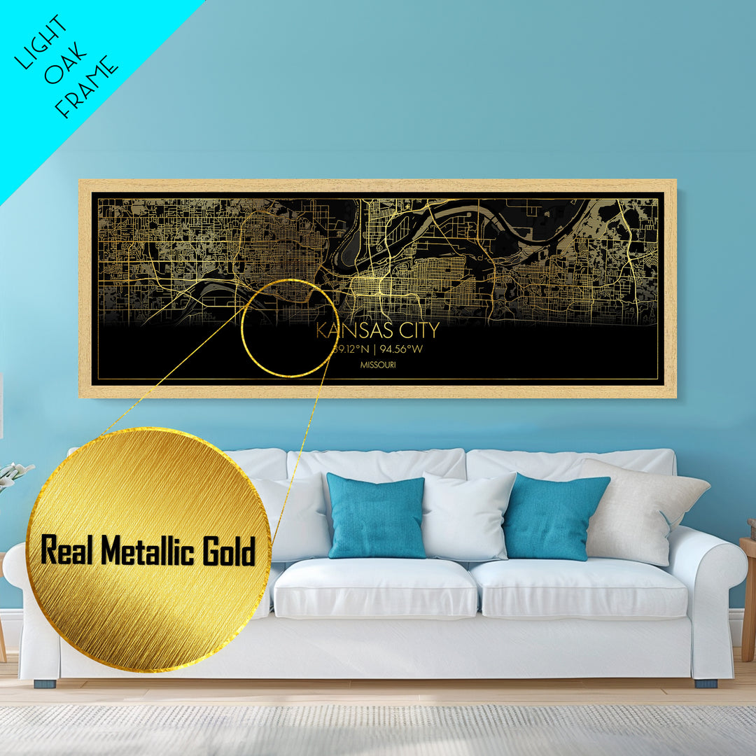 Kansas City Missouri City Poster, Panoramic street map, black and gold, Metallic Gold Art, Metal Art, wood framed map, Housewarming Gift